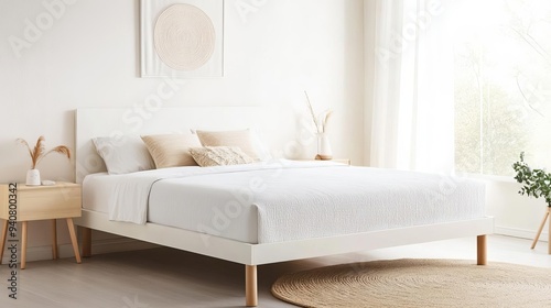 Minimalist bedroom with a white bed frame and matching bedding, monochromatic design, sleek aesthetic