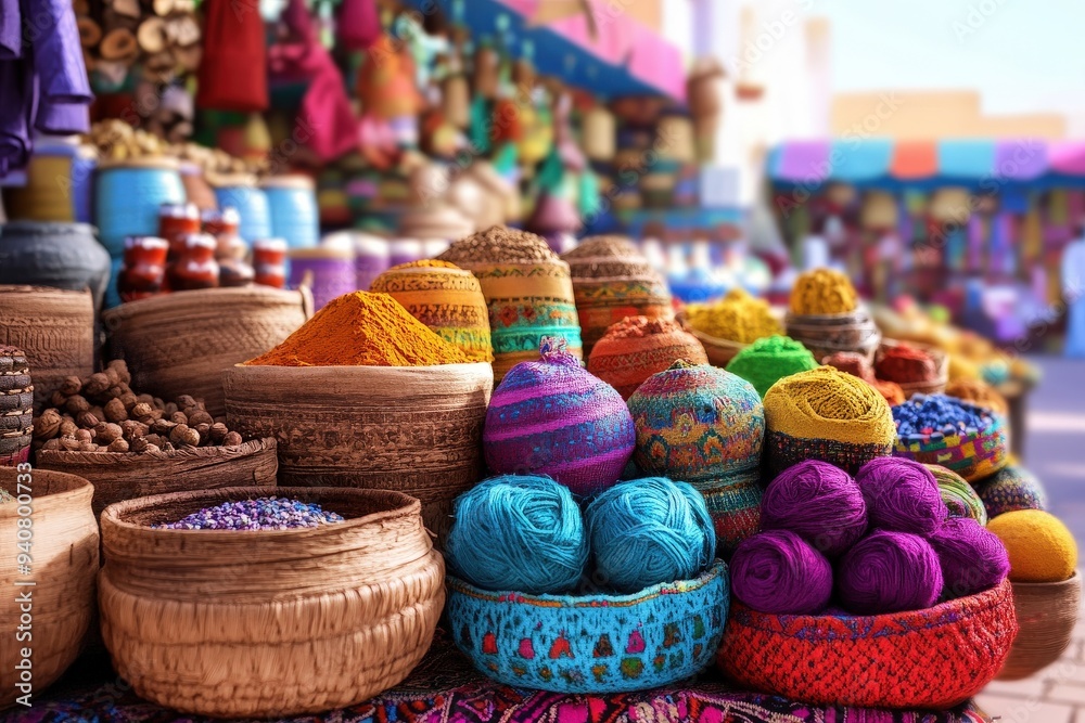 An outdoor market vibrantly displays spices, textiles, and handicrafts in colorful baskets and containers, evoking a sense of cultural richness and traditional artistry. An outdoor market vibrantly displays spices, textiles, and handicrafts in colorful baskets and containers, evoking a sense of cultural richness and traditional artistry.