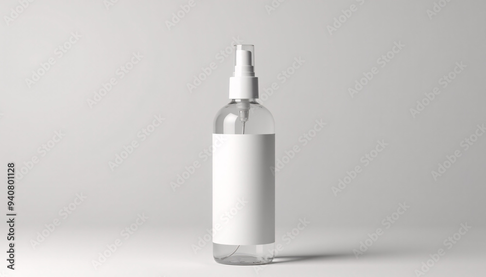 Mock up blank product label on a clear glass spray bottle, placed on a minimalist background
