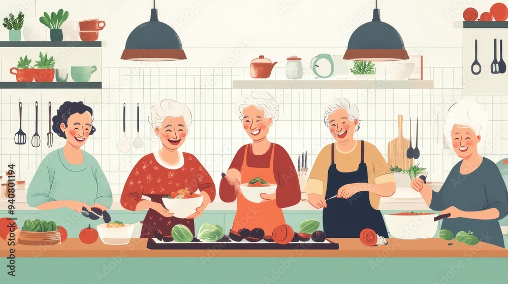 Elderly Friends Cooking and Laughing Together in a Warm, Joyful Kitchen Setting Elderly Friends Cooking and Laughing Together in a Warm, Joyful Kitchen Setting
