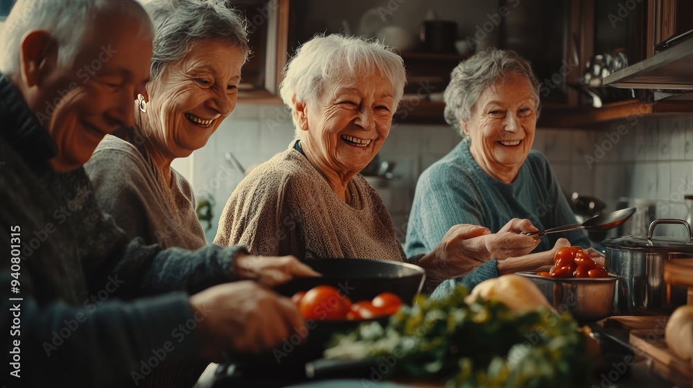 Elderly Friends Cooking and Laughing Together in a Warm, Joyful Kitchen Setting Elderly Friends Cooking and Laughing Together in a Warm, Joyful Kitchen Setting
