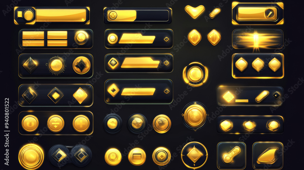 Golden interface game buttons and UI/GUI elements. This vector set ...