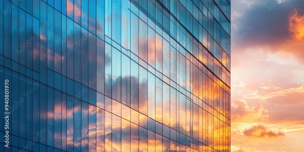 Stunning reflections of a financial building's glass facade illuminated by sunset hues in a vibrant urban landscape Stunning reflections of a financial building's glass facade illuminated by sunset hues in a vibrant urban landscape