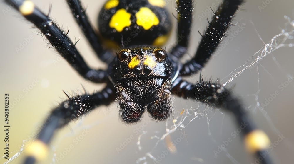 A tight shot of a spider, its back legs and legs marked with yellow and black spots, against a gray backdrop A tight shot of a spider, its back legs and legs marked with yellow and black spots, against a gray backdrop