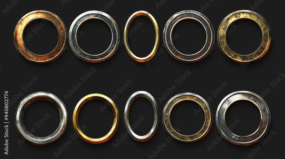 Avatar frames in gold, silver, bronze, copper, and rusty metal. These vector game assets include rusty metal circular frames and gold rings, designed as GUI or game UI elements, such as arcade game ci Avatar frames in gold, silver, bronze, copper, and rusty metal. These vector game assets include rusty metal circular frames and gold rings, designed as GUI or game UI elements, such as arcade game ci