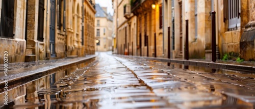 Narrow cobblestone street glistening with rain, historic buildings lining the way, quaint cafés and shops inviting passersby, enchanting atmosphere of old town Bordeaux, France.