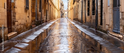 Wet cobblestone street in historic Bordeaux, glistening with rain, lined with charming old buildings, reflections shimmering in puddles, evoking a tranquil, timeless atmosphere.