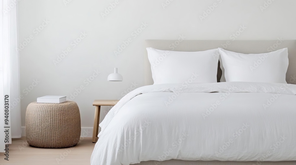 Obraz premium Minimalist bedroom with simple, modern furniture and soft textures, focus on comfort, calm and serene