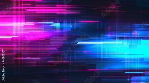 Dynamic background with vibrant neon glitch art in pink, blue, and purple tones, offering a futuristic digital aesthetic.