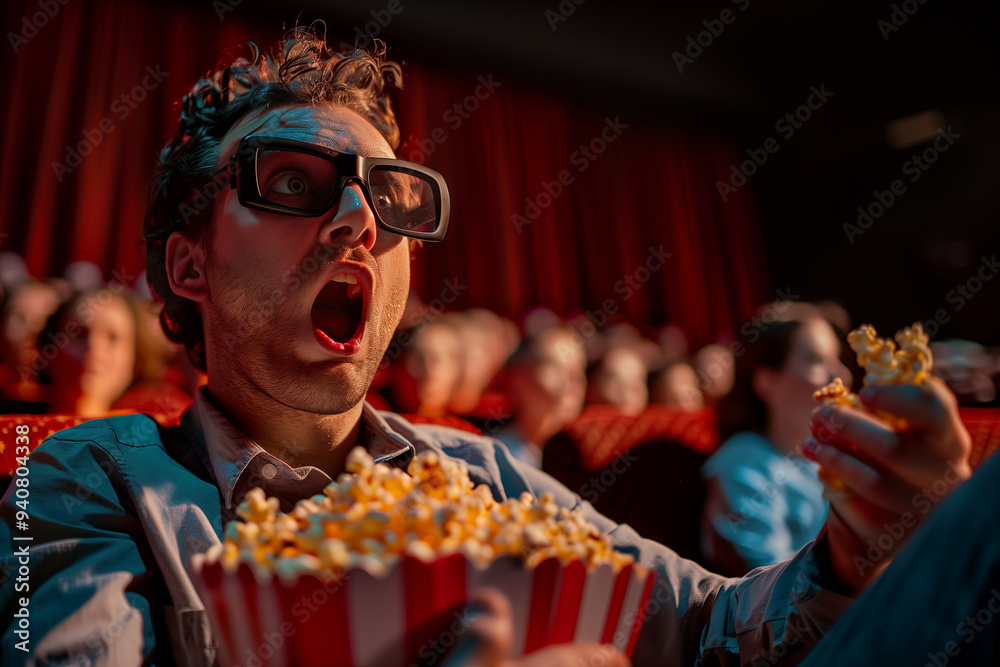 Fototapeta premium picture of people watching a movie with astonished expressions, mouths agape in suspense, holding popcorn in their hands.