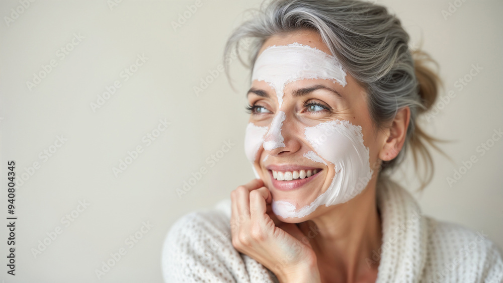 Mature positive woman with gray hair with a cosmetic mask on her face on a light background Mature positive woman with gray hair with a cosmetic mask on her face on a light background