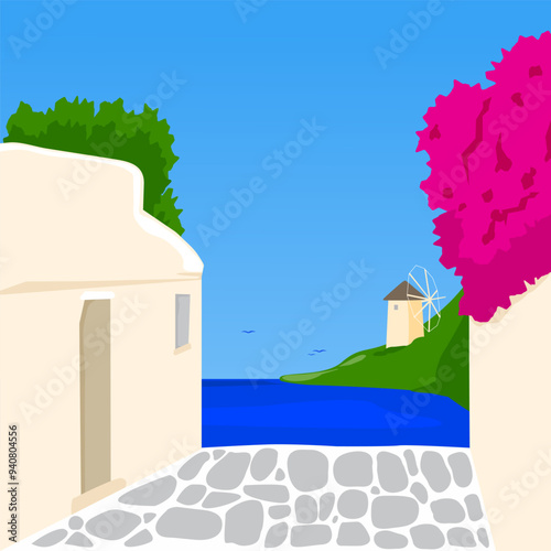 Greek island street with white village houses, bougainvillea, and cobblestone alley street path leading to the sea and windmill island under a clear sky. Ideal for summer travel themes. Vector image
