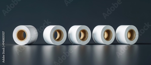 White self-adhesive rollers for printing labels. White label ribbon on cardboard core  photo