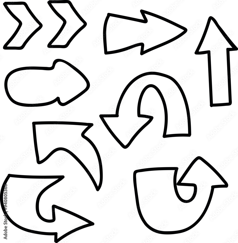 Variety of Arrow Shapes in Black Outline for Directional and Navigation Design