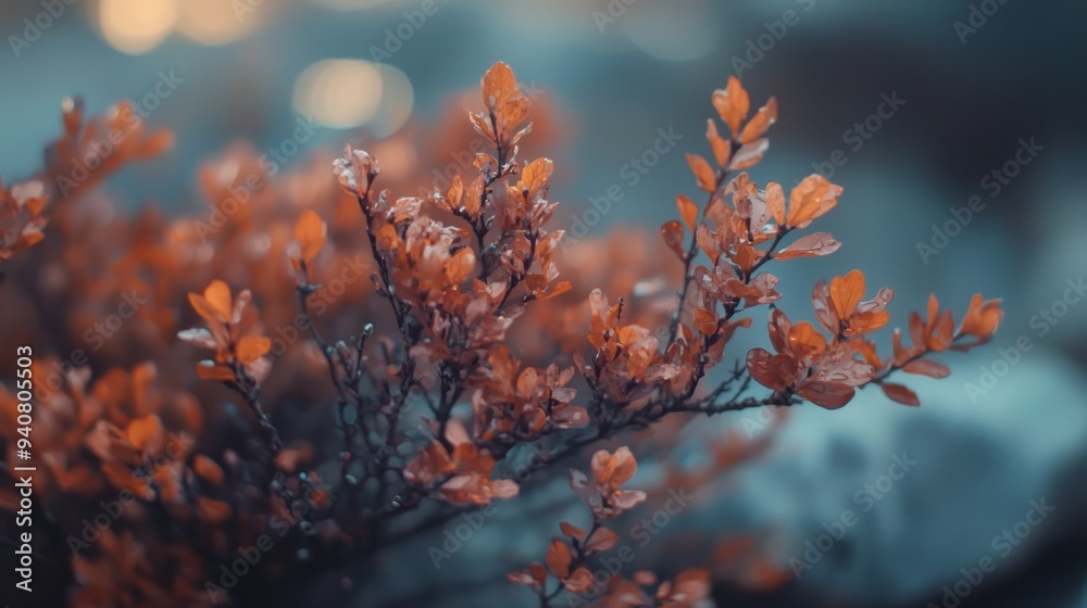 A tight shot of a plant with dewdrops on its leaves and a blurred backdrop behind A tight shot of a plant with dewdrops on its leaves and a blurred backdrop behind