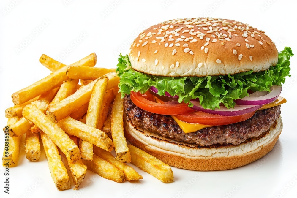 a burger with fries on a bright white background