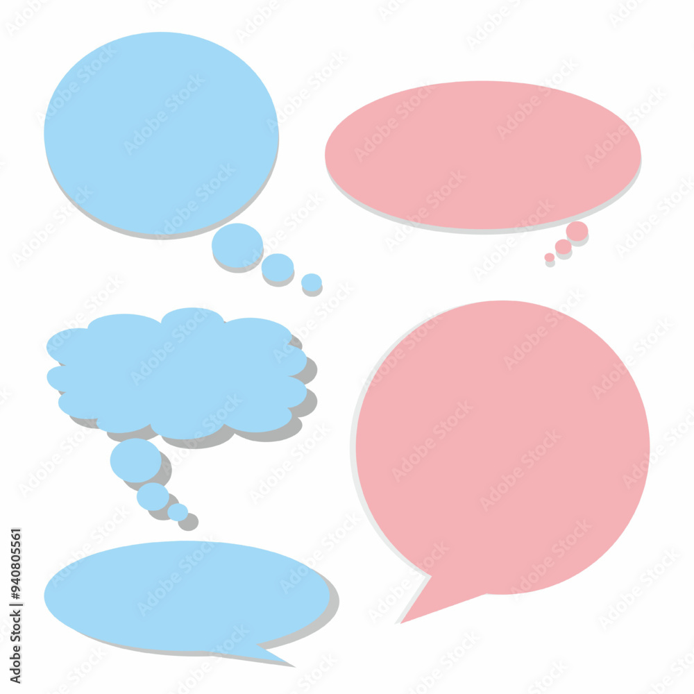 Speech Bubbles Set A collection of colorful speech bubbles in blue and pink with a light shadow, perfect for adding a touch of dialogue or thought to your design. Speech Bubbles Set A collection of colorful speech bubbles in blue and pink with a light shadow, perfect for adding a touch of dialogue or thought to your design.