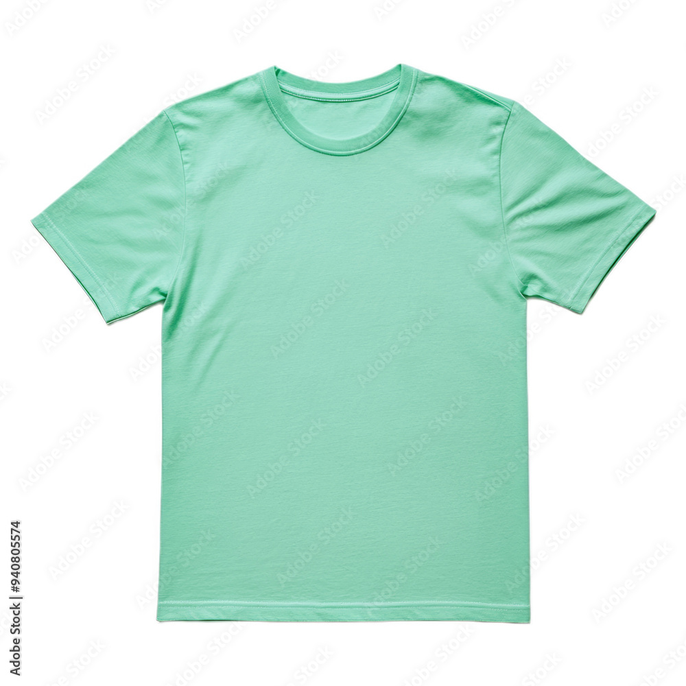 Plain T-shirt top view in mint green color isolated on transparent background Plain T-shirt top view in mint green color isolated on transparent background