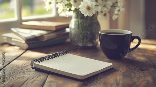 Cozy writing setup with a notebook, coffee, and flowers on a wooden table by the window