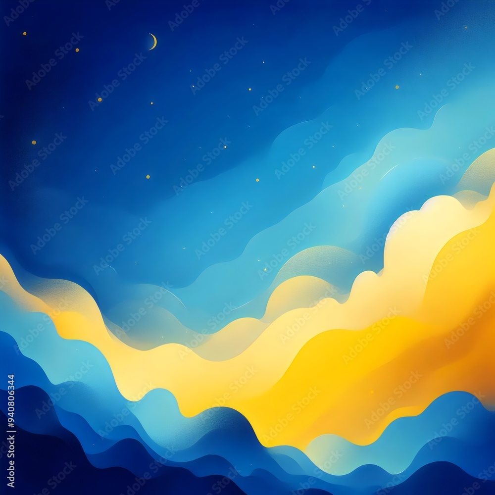3D illustration abstract background with starry sky, moon, clouds and waves, blue and yellow texture paints 3D illustration abstract background with starry sky, moon, clouds and waves, blue and yellow texture paints