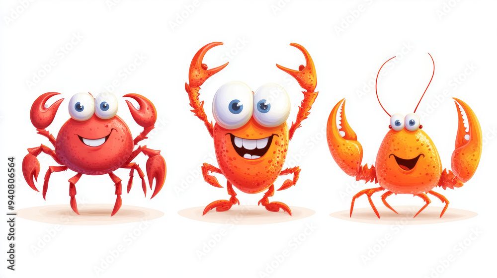 Cartoon characters of red shrimp, crab, and lobster, each with smiling faces and googly eyes, isolated on a white background. Perfect for seafood-themed designs or playful illustrations. Cartoon characters of red shrimp, crab, and lobster, each with smiling faces and googly eyes, isolated on a white background. Perfect for seafood-themed designs or playful illustrations.