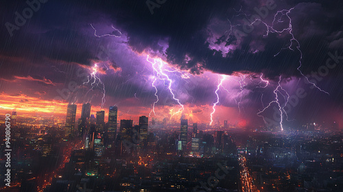 Dramatic Thunderstorm Over City Skyline with Lightning Strikes and Heavy Rain