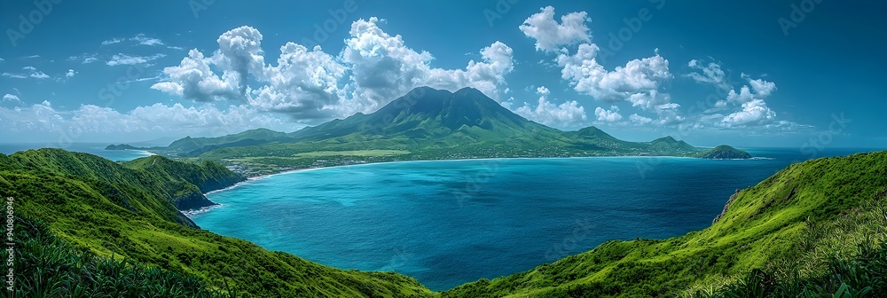 Fototapeta premium Majestic Nevis Peak in Saint Kitts and Nevis Serene Tropical Landscape with Turquoise Ocean