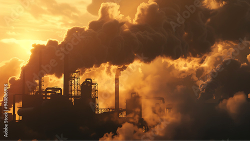 City skyline with smoke rising from factory chimneys at sunset, reflecting pollution and urban industrial activity