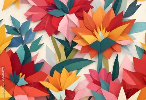 papercut illustration, Vibrant floral pattern with large red, yellow, and pink flowers against a colorful background, angular and sleek, low poly origami style