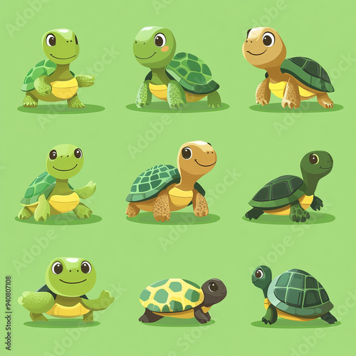 Cartoon turtle character illustrations featuring cute tortoises. Includes friendly, smiling turtles in various poses such as walking, swimming, sleeping, and hatching from an egg. Adorable and playful photo