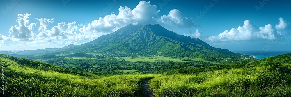 Fototapeta premium Majestic Tropical Volcano Landscape with Lush Vegetation and Serene Atmosphere