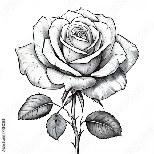 A monochrome sketch of a lush bouquet with full blooms and delicate buds, showcasing intricate petal details and leaf patterns. The detailed illustration captures the natural beauty of the flowers.