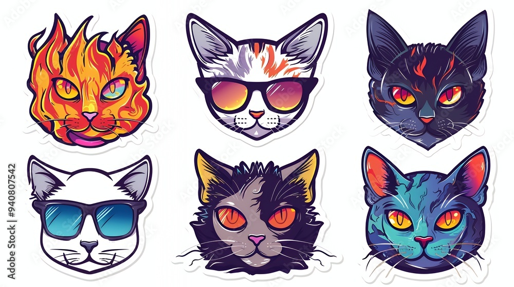 A collection of stylized cat heads wearing sunglasses in vibrant colors. A collection of stylized cat heads wearing sunglasses in vibrant colors.