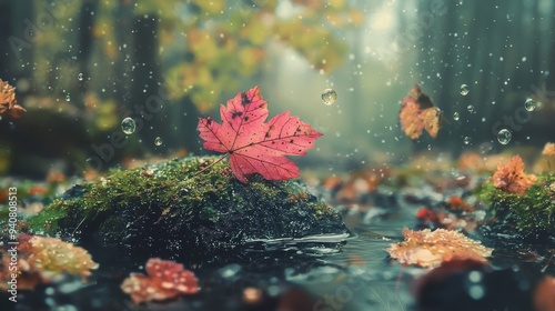  A red leaf atop a moss-covered rock, amidst a streaming body of water, surrounded by foliage photo