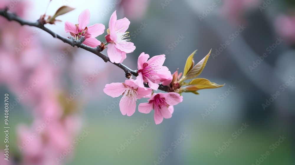 A tight shot of a tree branch adorned with pink blooms in the foreground, while the background softly blurs A tight shot of a tree branch adorned with pink blooms in the foreground, while the background softly blurs