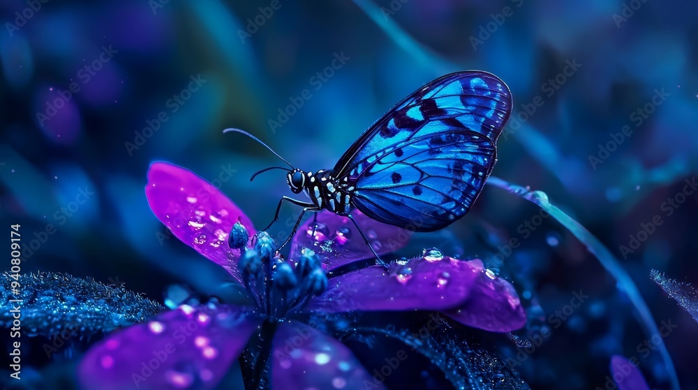 A blue butterfly perches on a purple flower, its wings dotted with water droplets, as are its hindlegs A blue butterfly perches on a purple flower, its wings dotted with water droplets, as are its hindlegs