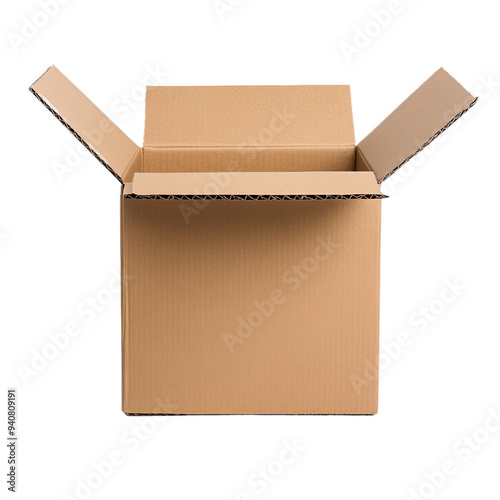 Sturdy cardboard box with reinforced edges and flaps slightly open isolated on transparent background 