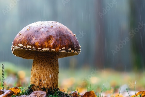 close-up detail of one brown mushroom in a rainy forest