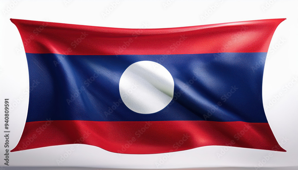 Fototapeta premium A vibrant, flowing flag of Laos with the white circle emblem, set against a white background.