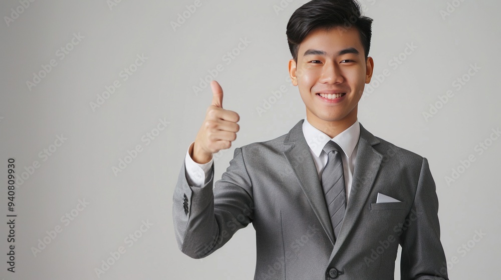 Asian young business man smiling and standing and showing thumbs up, isolated on white background Asian young business man smiling and standing and showing thumbs up, isolated on white background