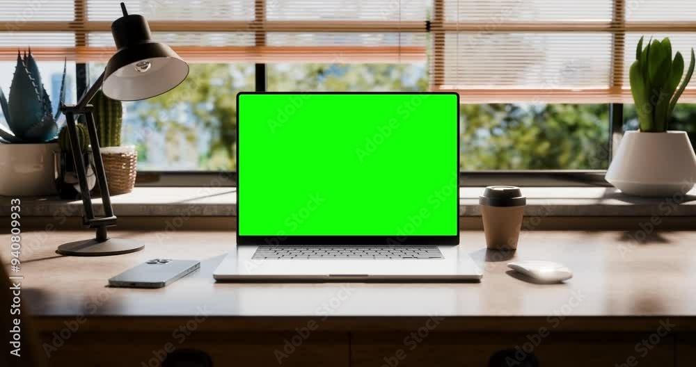 A laptop with a blank screen is placed on a stylish wooden desk with a loft-style interior. The camera moves smoothly to the laptop screen. Screen matte and tracking clip included