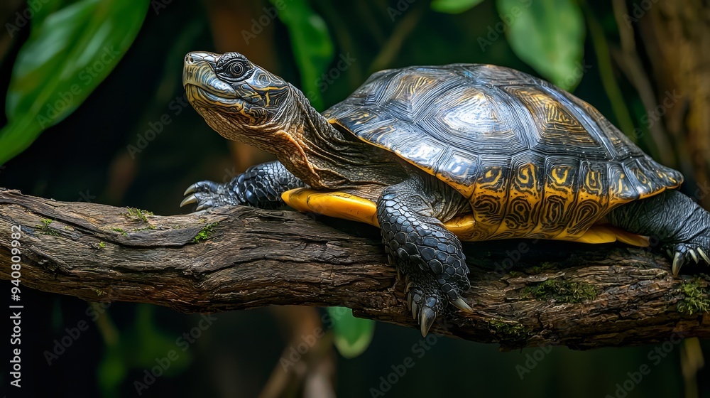 A tight shot of a turtle perched on a branch, surrounded by a plant in the foreground, and a tree looming in the background A tight shot of a turtle perched on a branch, surrounded by a plant in the foreground, and a tree looming in the background