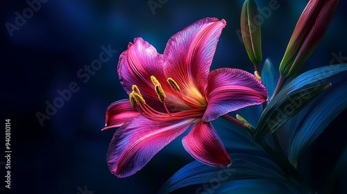  A tight shot of a pink bloom against a backdrop of emerald leaves, framed by a blue expanse