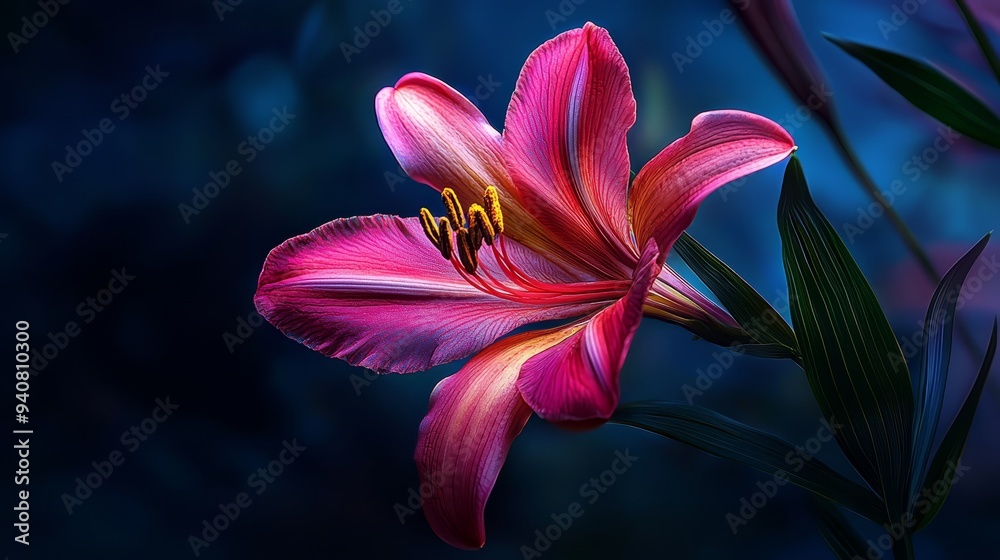 A tight shot of a pink blossom against dark blue, green foliage framing its edge, yellow center glowing A tight shot of a pink blossom against dark blue, green foliage framing its edge, yellow center glowing