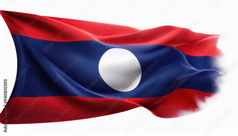 The national flag of Laos waving proudly against a white background. The flag features red, blue, and white stripes with a white circle in the center. The national flag of Laos waving proudly against a white background. The flag features red, blue, and white stripes with a white circle in the center.