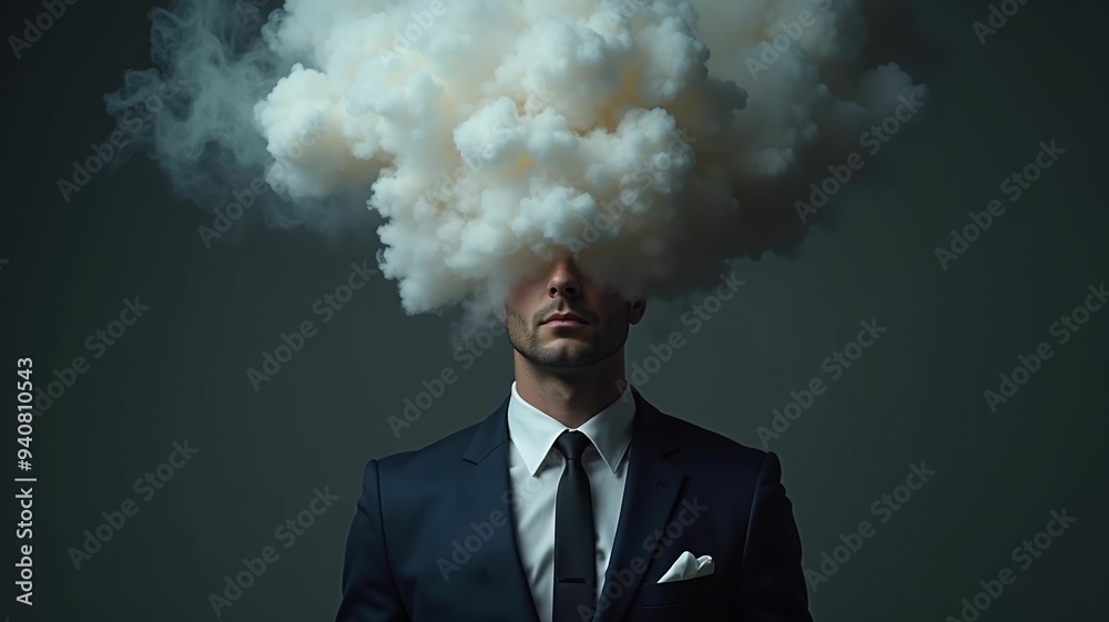 Male businessman in suit and tie with head full of smoke clouds made Male businessman in suit and tie with head full of smoke clouds made