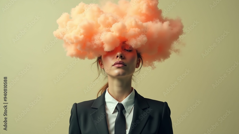 Businesswoman in business suit with head full of smoke peach clouds on isolated pistachio background Businesswoman in business suit with head full of smoke peach clouds on isolated pistachio background
