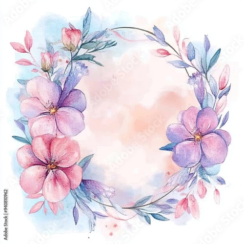 A beautiful watercolor floral frame featuring pink and purple flowers with soft pastel colors, perfect for invitations and designs.