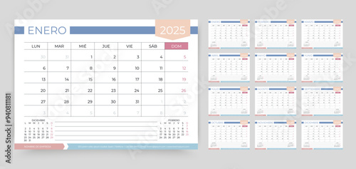 Calendar 2025 year. Spanish planner template. Week starts Monday. Desk schedule grid. Calender layout. Yearly corporate organizer. Horizontal monthly diary with 12 month. Vector simple illustration