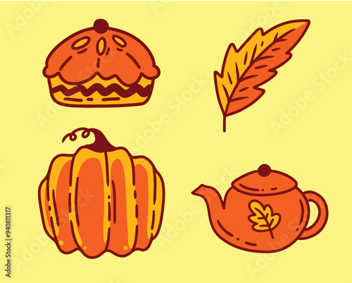 set of icon vector of autumn tea pumpkin oak leaf and apple pie orange yellow